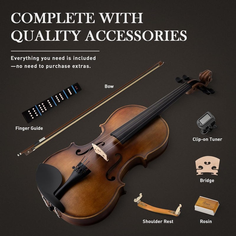 SONICAKE Violin 4/4 Full Size Set, Fiddle Solidwood for Beginners Adults, Acoustic Violin with Hard Case, Shoulder Rest, Rosin, Bow, Clip-on Tuner and Extra Strings, QVL-01 - Image 5